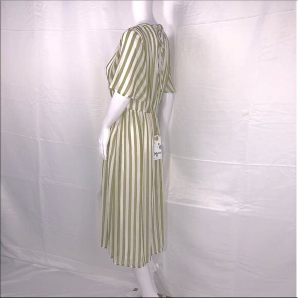 SMY MuMu Cream Olive Green Stripes V-Neck Short Sleeves Midi Dress SzM NWT - Picture 7 of 16